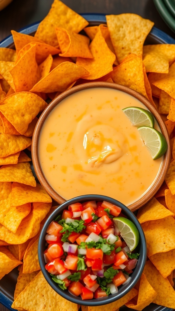 Chips with Queso and Salsa Recipe A platter of tortilla chips with queso dip and fresh salsa, garnished with lime wedges.